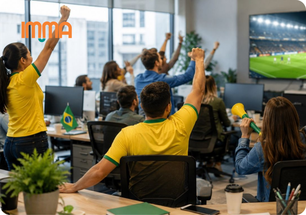 Equipe reunida assistindo jogo da Copa do Mundo 2026 no ambiente de trabalho